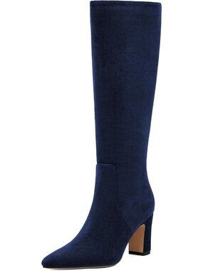 Women's Midnight Blue Fall Knee High Boots Pointed Toe Chunky Heel Tall Boots